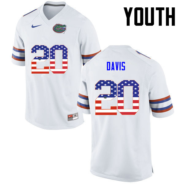 Youth Florida Gators #20 Malik Davis College Football USA Flag Fashion Jerseys-White - Click Image to Close